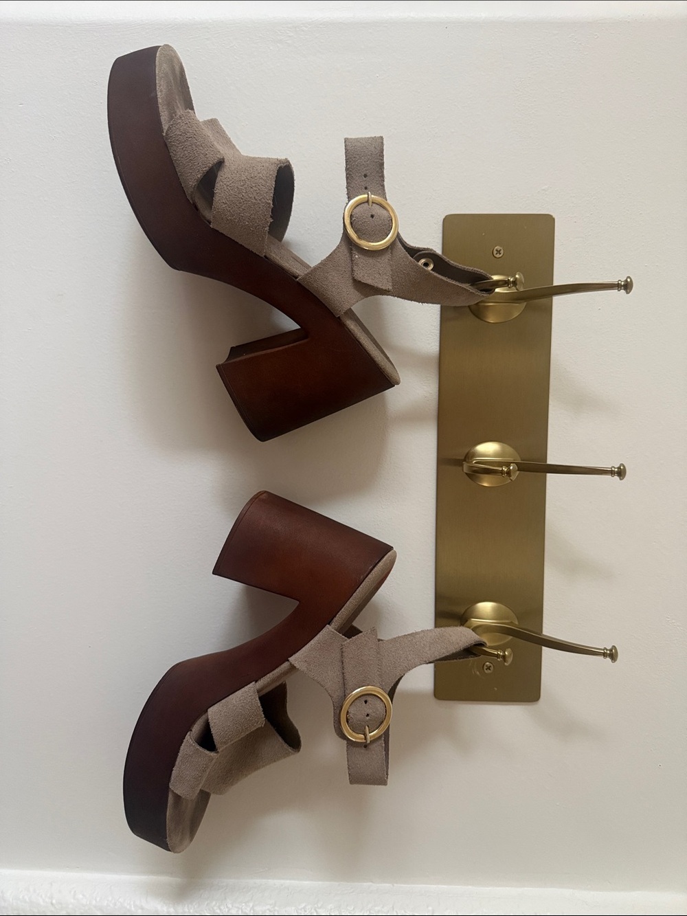 Taupe Suede Platform Sandals with Brown Wood Heel